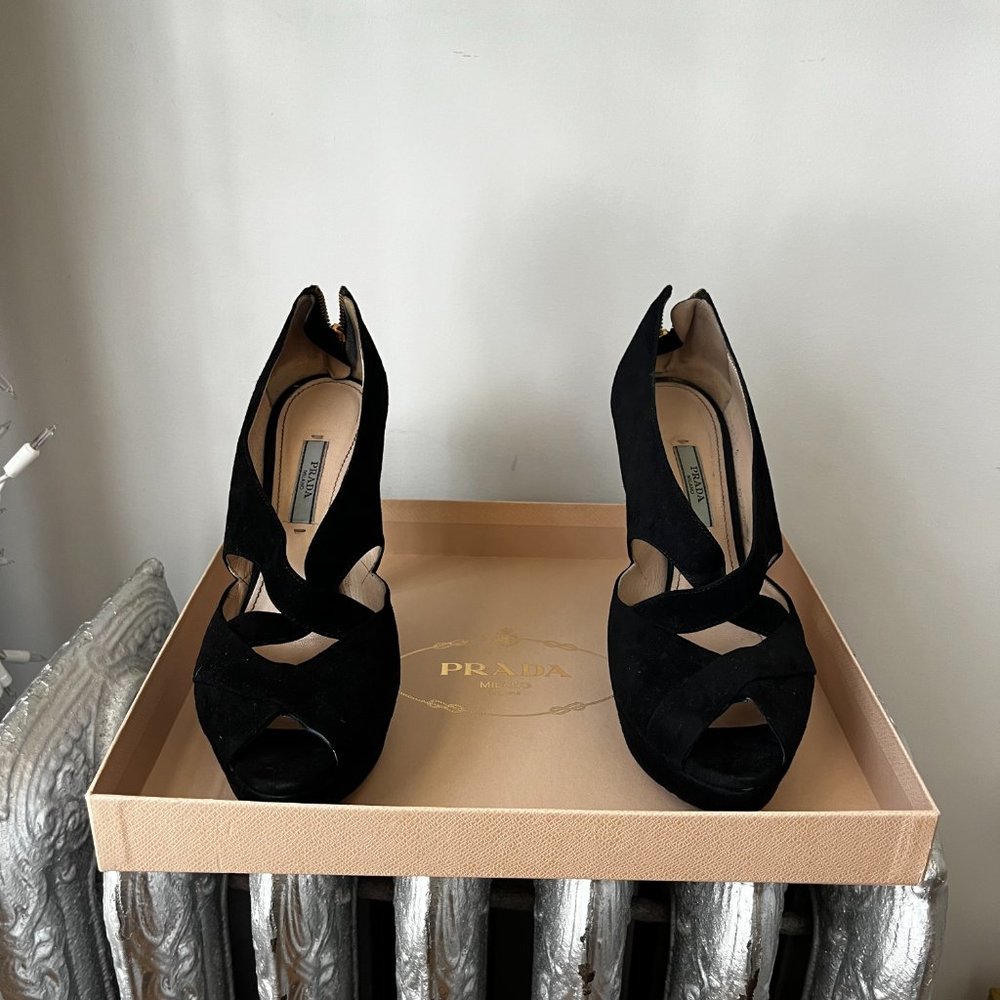 Prada Black Suede Iris Crisscross Peep Toe Pump WITH BOX and dust bag 7.5 - Picture 6 of 10